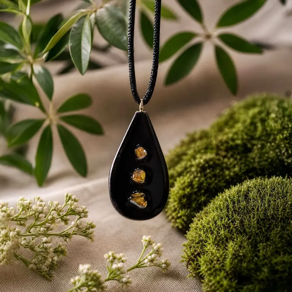 Jewelry - Bog Oak & Baltic Amber Pendant – Drop, 45x30x8 mm - GLASS4CANDLES