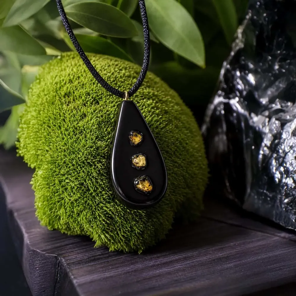 Jewelry - Bog Oak & Baltic Amber Pendant – Drop, 45x30x8 mm - GLASS4CANDLES