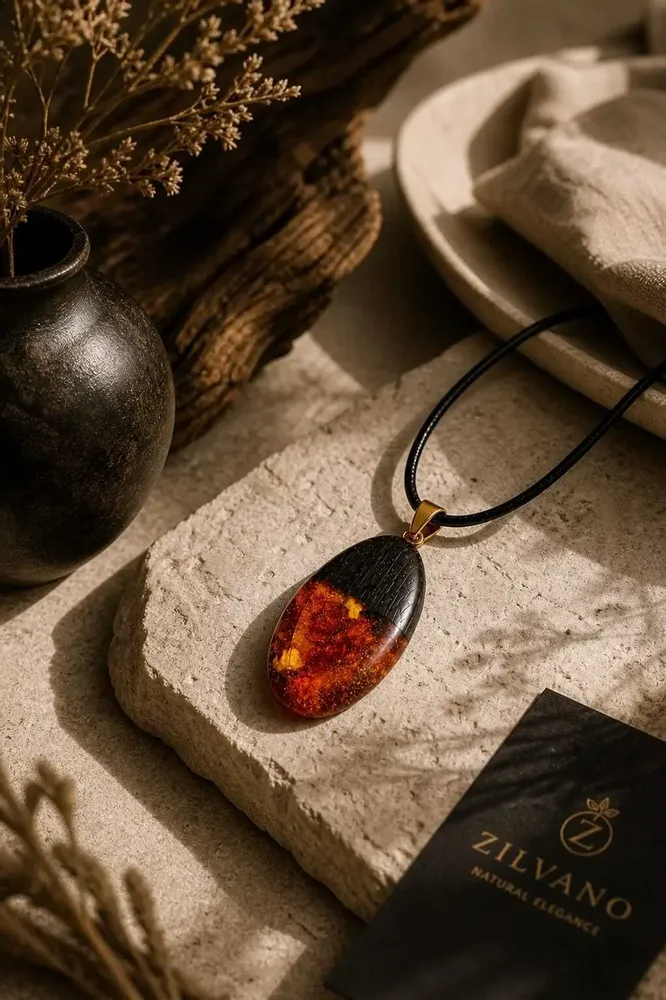 Jewelry - Bog Oak & Baltic Amber Pendant – Drop, 45x20x8 mm - GLASS4CANDLES