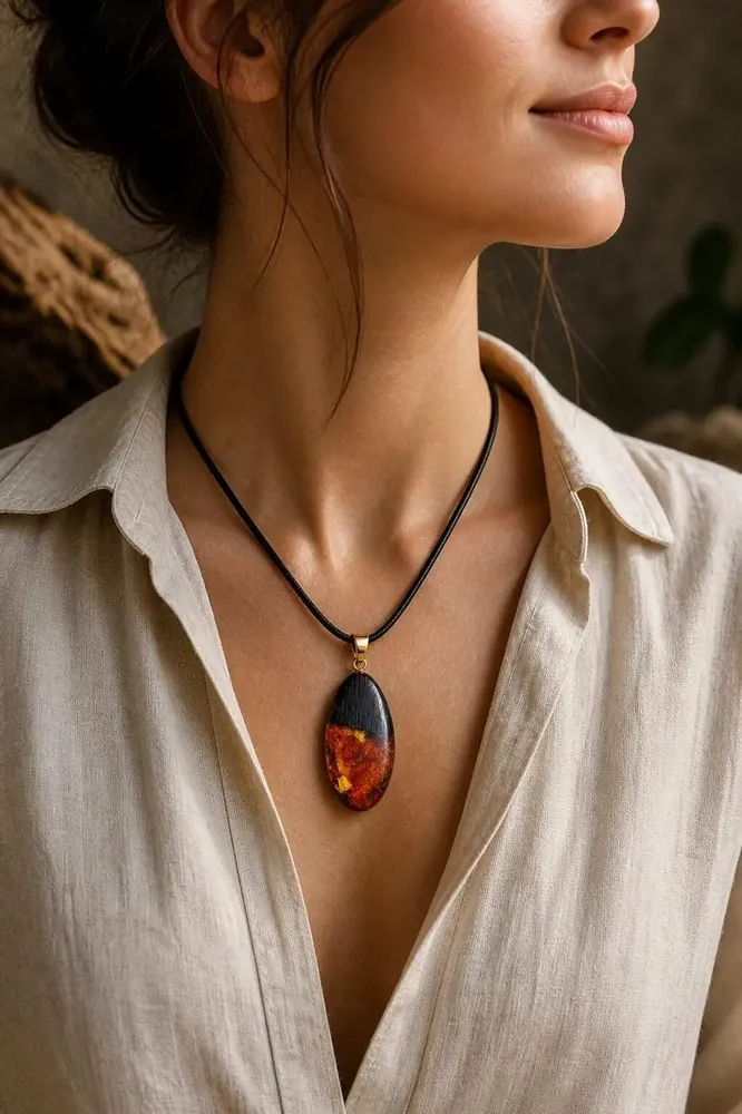 Jewelry - Bog Oak & Baltic Amber Pendant – Drop, 45x20x8 mm - GLASS4CANDLES