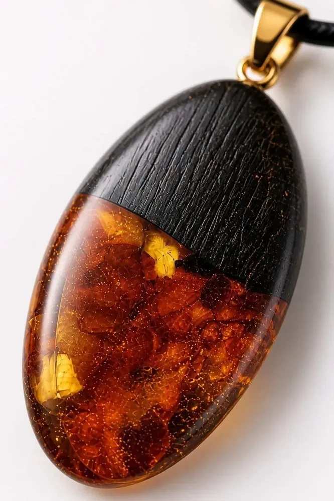 Jewelry - Bog Oak & Baltic Amber Pendant – Drop, 45x20x8 mm - GLASS4CANDLES
