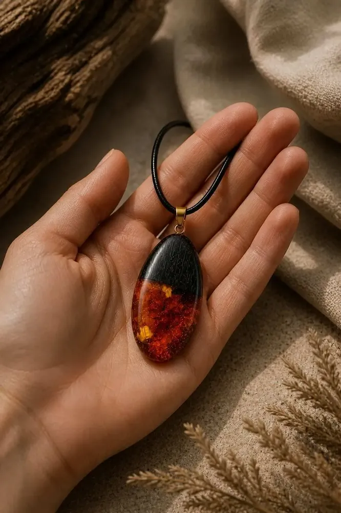 Jewelry - Bog Oak & Baltic Amber Pendant – Drop, 45x20x8 mm - GLASS4CANDLES
