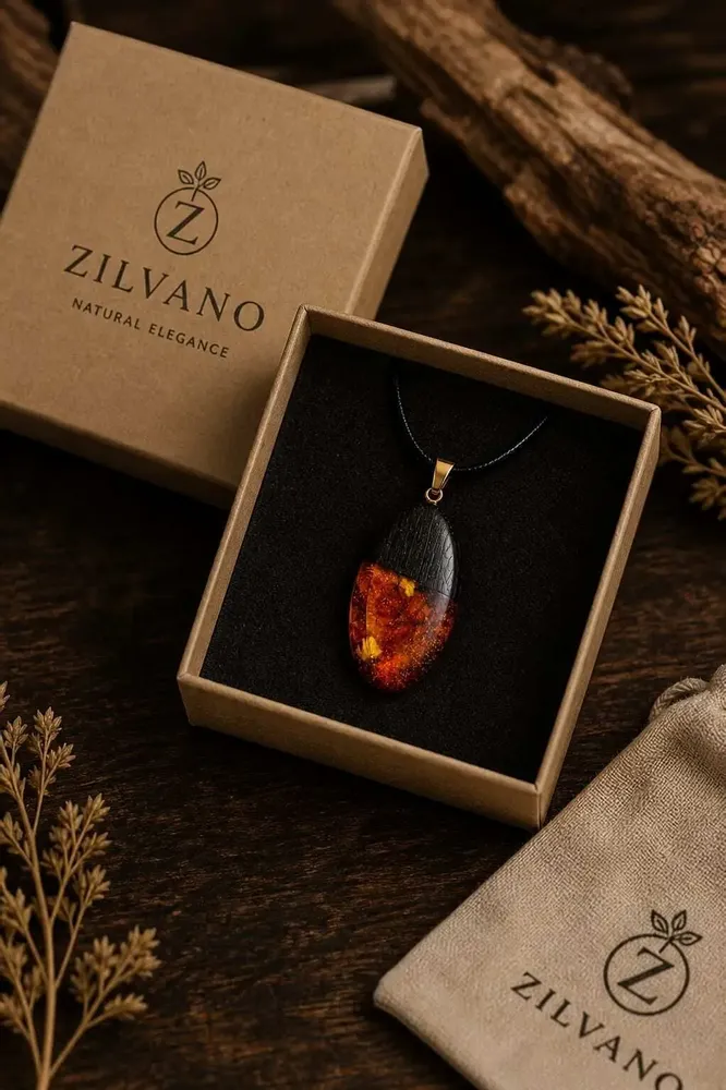 Jewelry - Bog Oak & Baltic Amber Pendant – Drop, 45x20x8 mm - GLASS4CANDLES