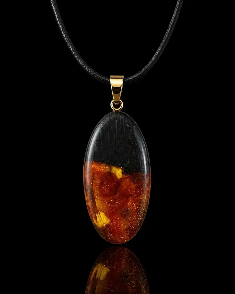 Jewelry - Bog Oak & Baltic Amber Pendant – Drop, 45x20x8 mm - GLASS4CANDLES
