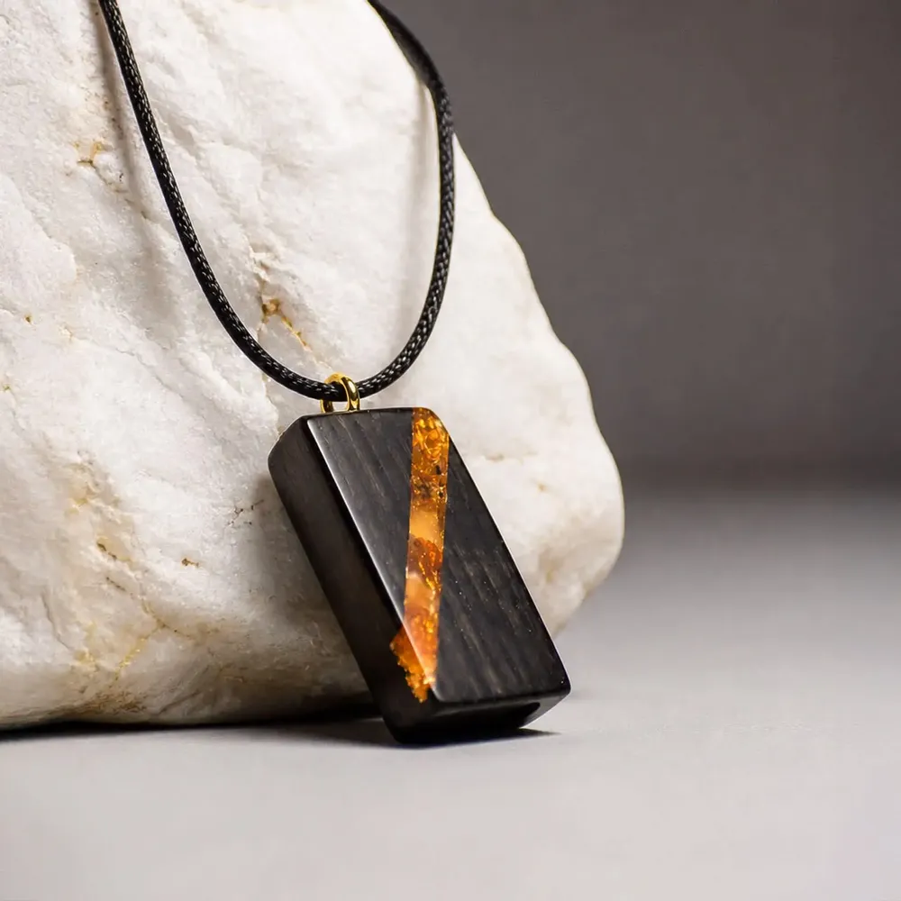 Jewelry - Bog Oak & Amber Pendant – Rectangle, 40x22x8 mm – broken amber stripe - GLASS4CANDLES