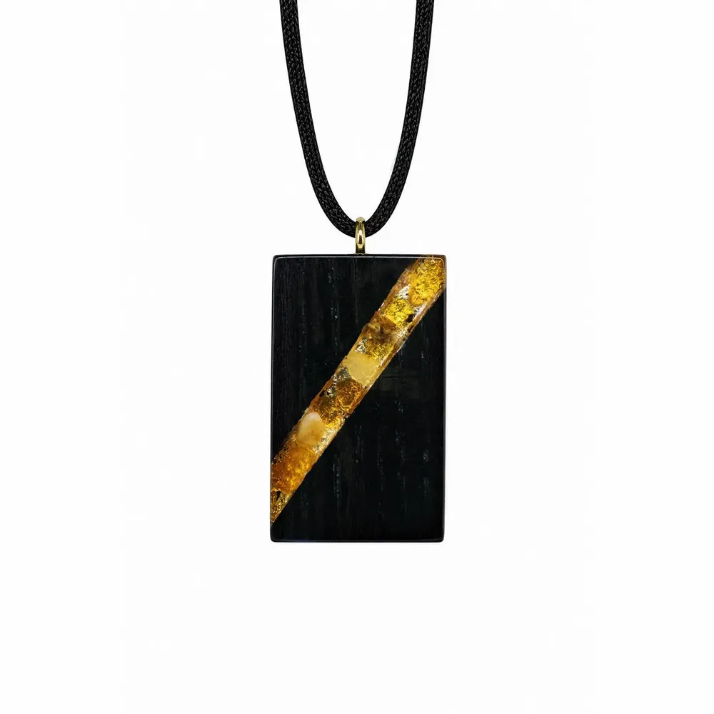 Jewelry - Bog Oak & Amber Pendant – Rectangle, 40x22x8 mm – broken amber stripe - GLASS4CANDLES