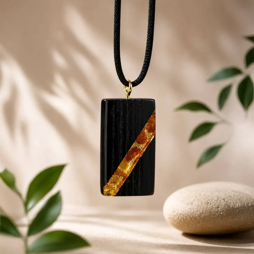 Jewelry - Bog Oak & Amber Pendant – Rectangle, 40x22x8 mm – wide amber stripe - GLASS4CANDLES