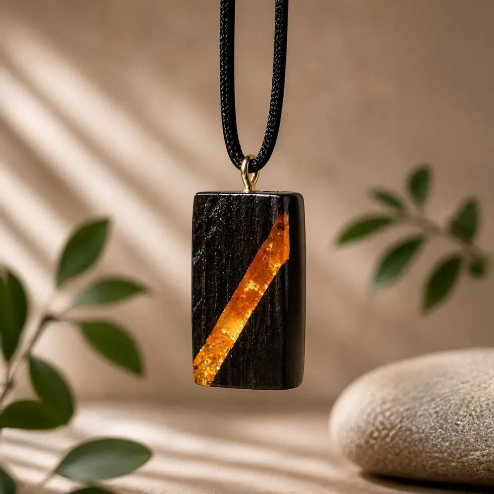Jewelry - Bog Oak & Amber Pendant – Rectangle, 40x22x8 mm – wide amber stripe - GLASS4CANDLES
