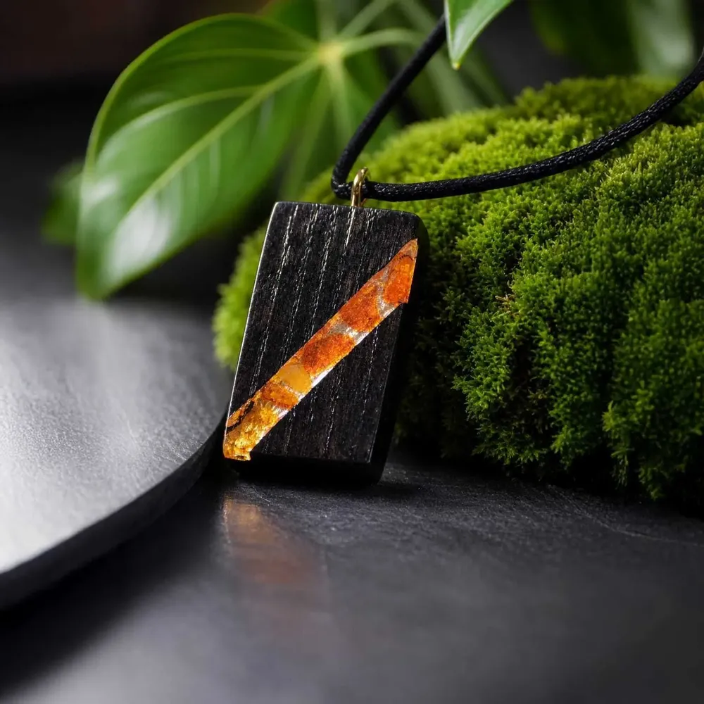 Jewelry - Bog Oak & Amber Pendant – Rectangle, 40x22x8 mm – wide amber stripe - GLASS4CANDLES