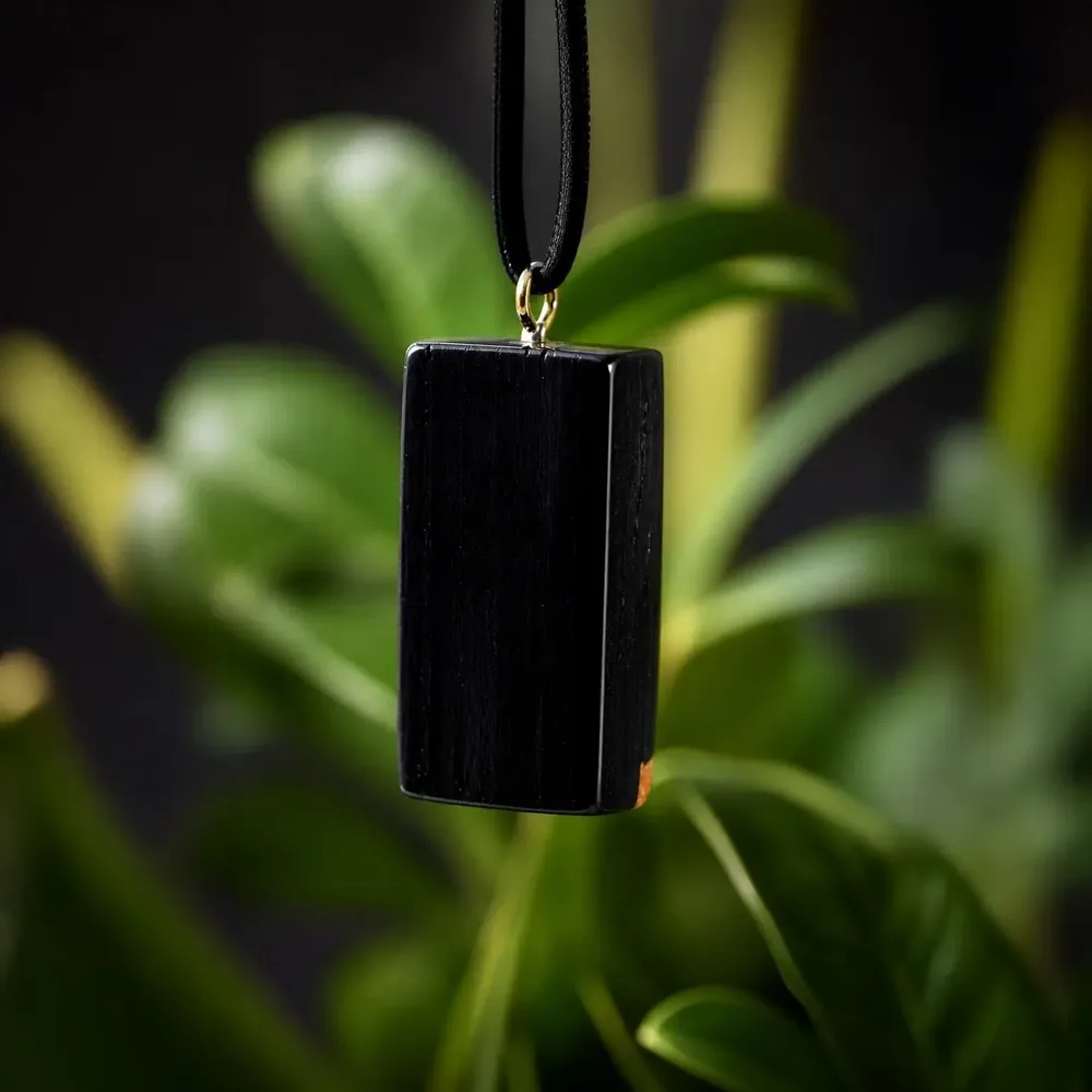 Jewelry - Bog Oak & Amber Pendant – Rectangle, 40x22x8 mm – wide amber stripe - GLASS4CANDLES