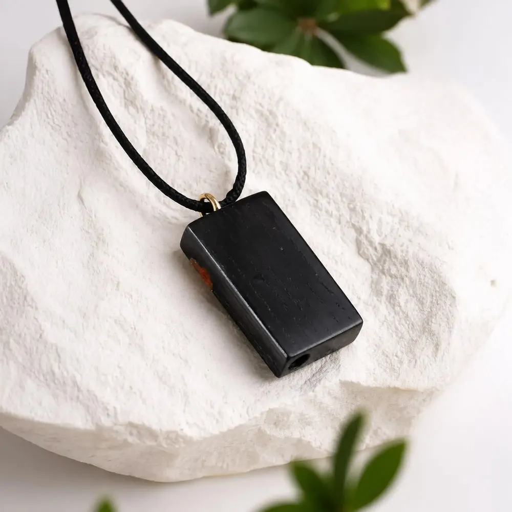 Jewelry - Bog Oak & Amber Pendant – Rectangle, 40x22x8 mm – narrow amber stripe - GLASS4CANDLES