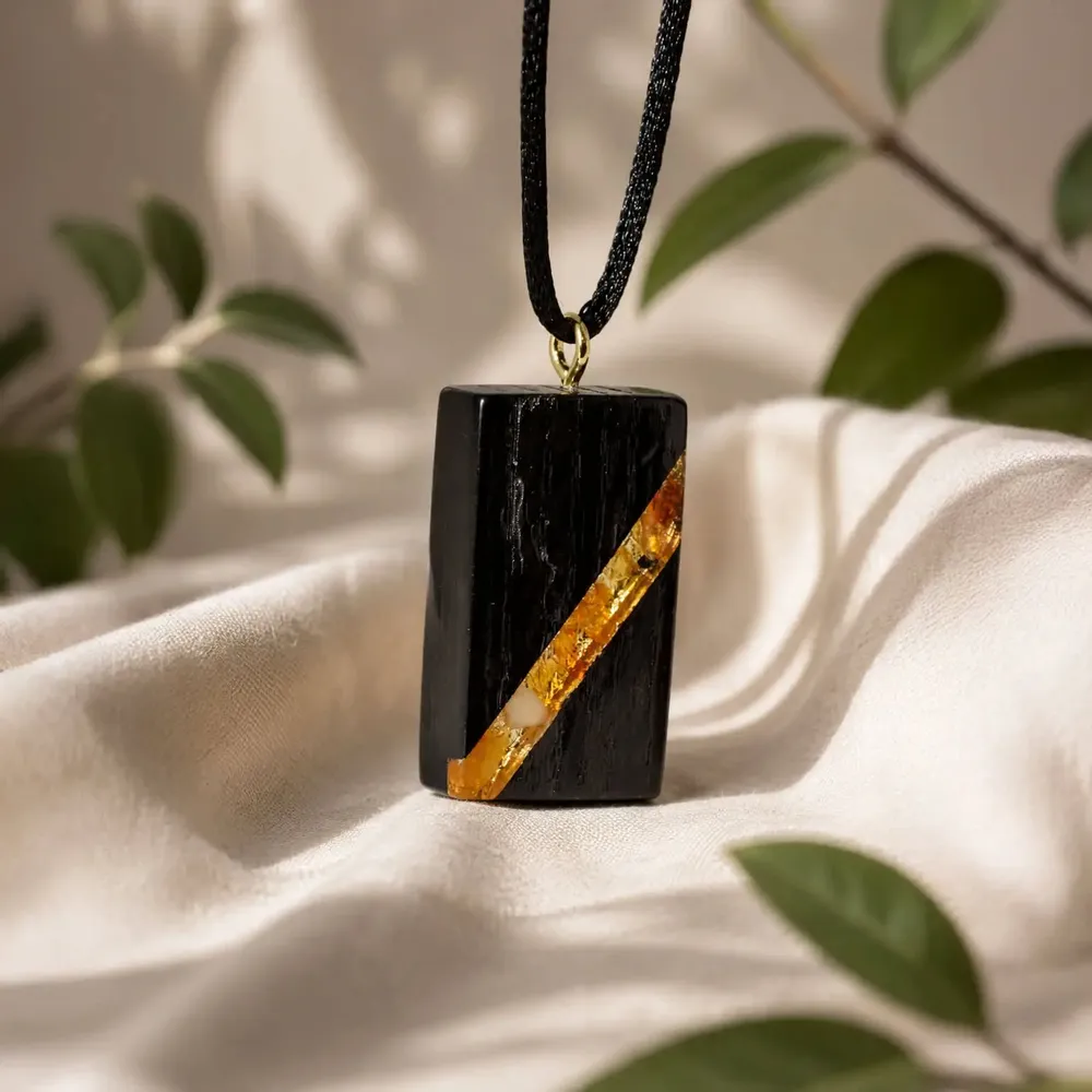 Jewelry - Bog Oak & Amber Pendant – Rectangle, 40x22x8 mm – narrow amber stripe - GLASS4CANDLES
