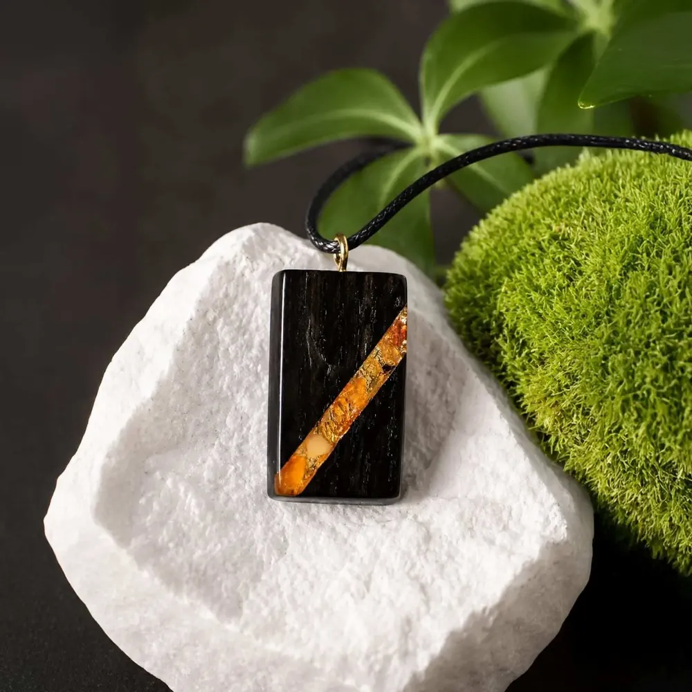 Jewelry - Bog Oak & Amber Pendant – Rectangle, 40x22x8 mm – narrow amber stripe - GLASS4CANDLES
