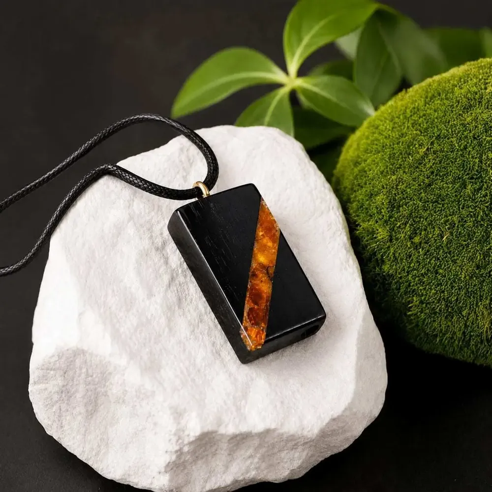 Jewelry - Bog Oak & Baltic Amber Pendant – Rectangle, 40x22x8 mm – amber - GLASS4CANDLES