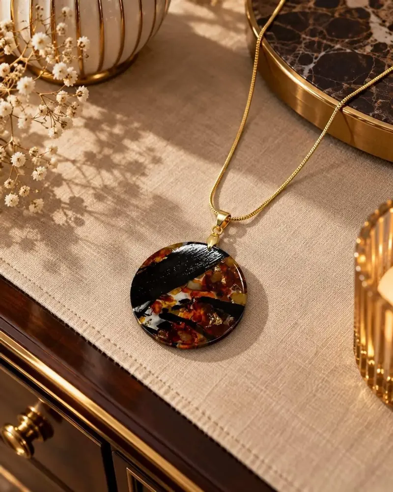 Jewelry - Bog Oak & Amber Pendant Necklace – Round, 40x40x8 mm – amber marble - GLASS4CANDLES