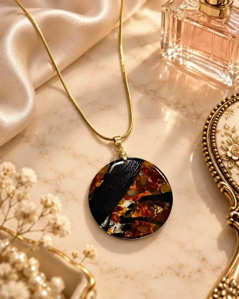 Jewelry - Bog Oak & Amber Pendant Necklace – Round, 40x40x8 mm – amber marble - GLASS4CANDLES