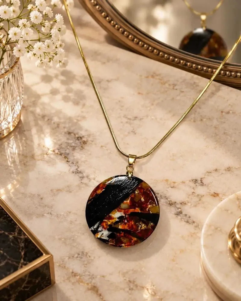 Jewelry - Bog Oak & Amber Pendant Necklace – Round, 40x40x8 mm – amber marble - GLASS4CANDLES