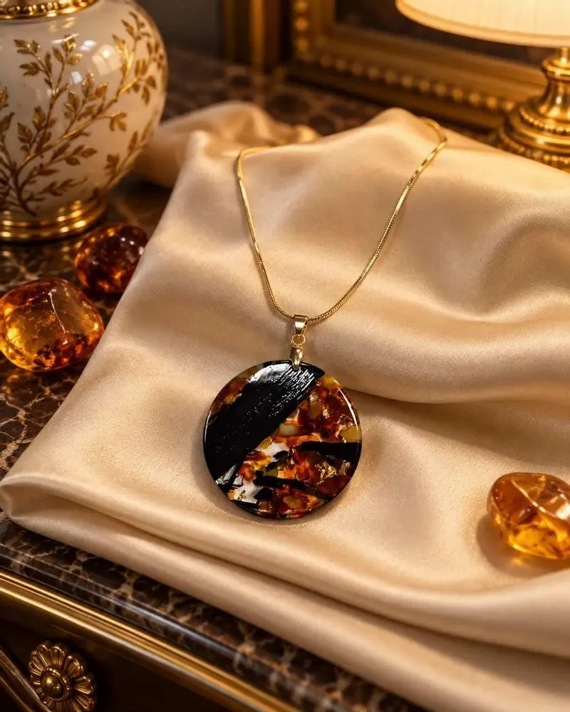 Jewelry - Bog Oak & Amber Pendant Necklace – Round, 40x40x8 mm – amber marble - GLASS4CANDLES