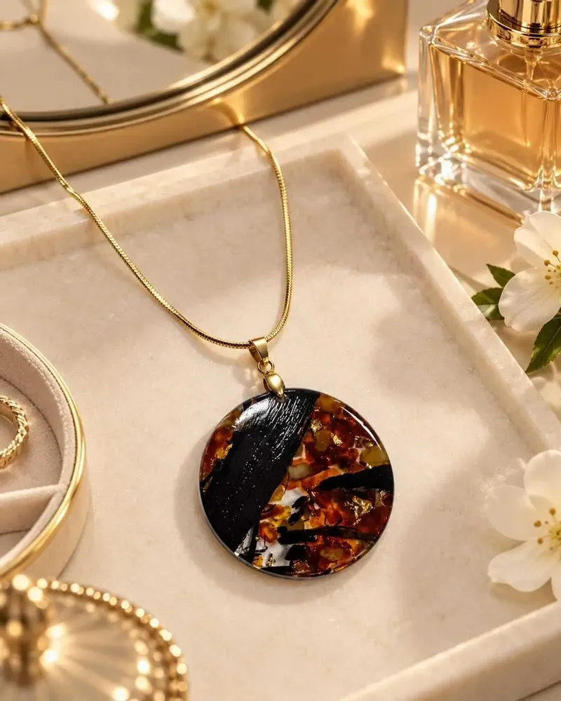 Jewelry - Bog Oak & Amber Pendant Necklace – Round, 40x40x8 mm – amber marble - GLASS4CANDLES