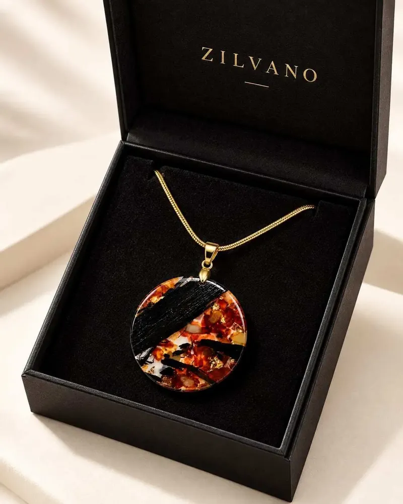 Jewelry - Bog Oak & Amber Pendant Necklace – Round, 40x40x8 mm – amber marble - GLASS4CANDLES