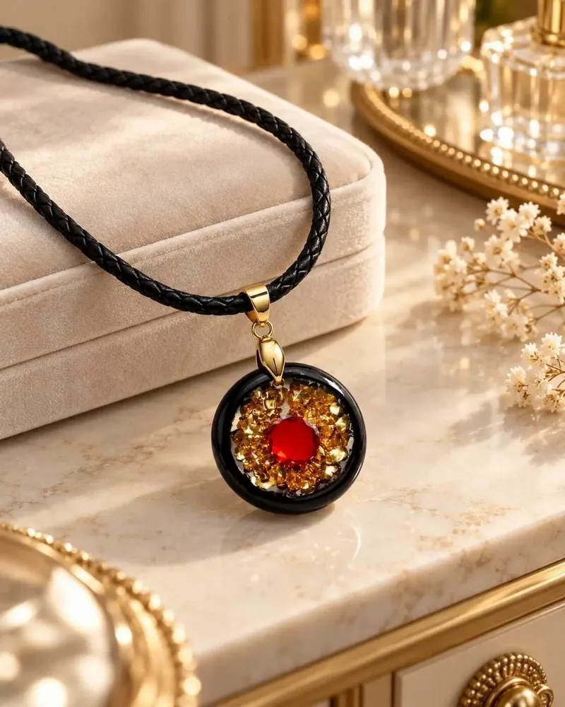 Jewelry - Bog Oak & Garnet Pendant Necklace – Round, 24x24x8 mm – golden grains - GLASS4CANDLES