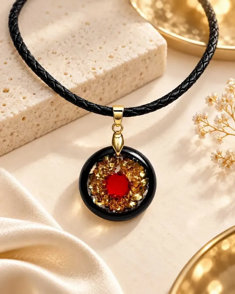 Jewelry - Bog Oak & Garnet Pendant Necklace – Round, 24x24x8 mm – golden grains - GLASS4CANDLES