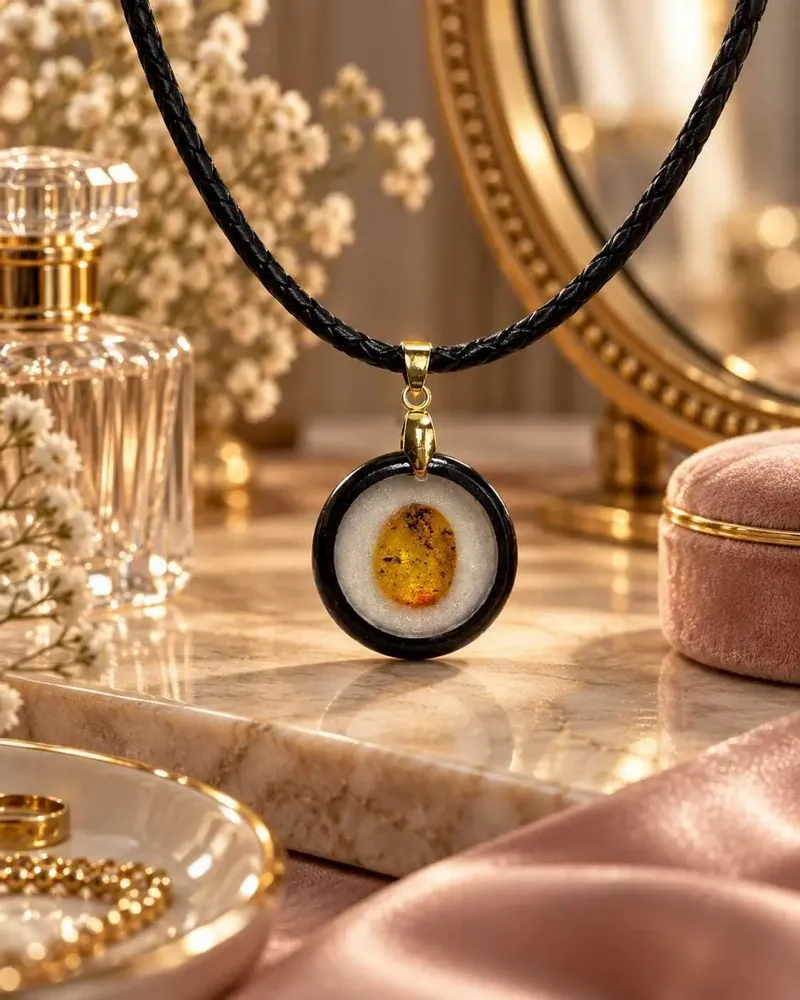 Jewelry - Bog Oak & Amber Pendant Necklace – Round, 24x24x8 mm - GLASS4CANDLES