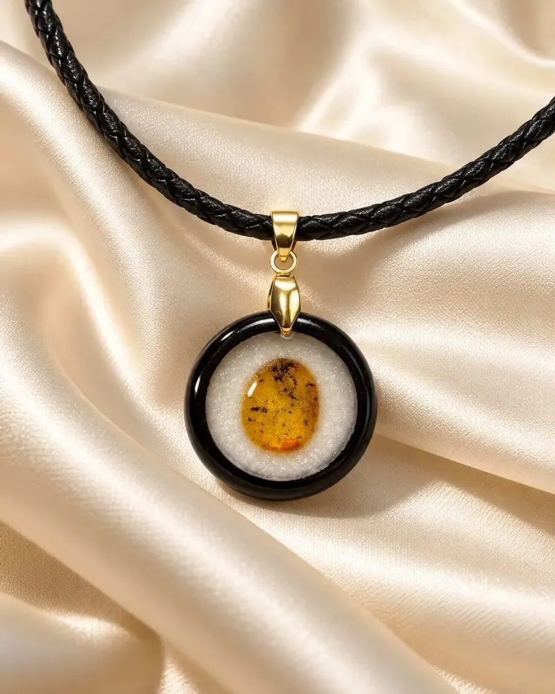 Jewelry - Bog Oak & Amber Pendant Necklace – Round, 24x24x8 mm - GLASS4CANDLES