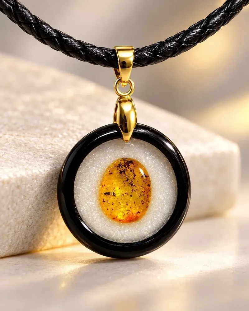 Jewelry - Bog Oak & Amber Pendant Necklace – Round, 24x24x8 mm - GLASS4CANDLES