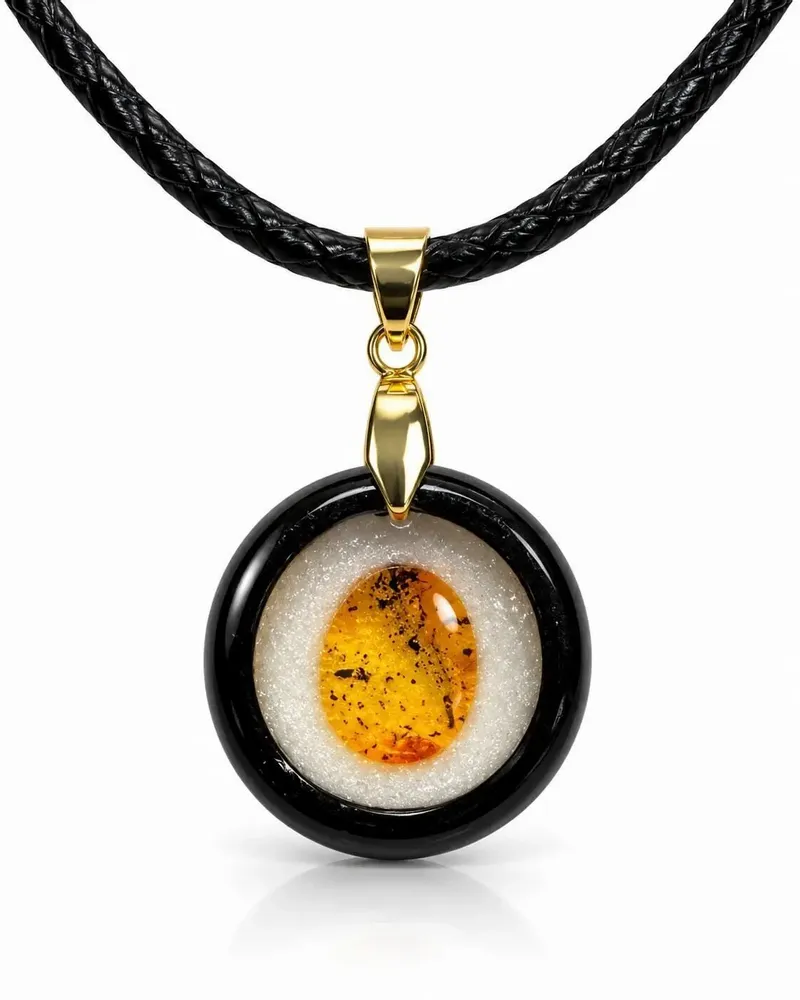 Jewelry - Bog Oak & Amber Pendant Necklace – Round, 24x24x8 mm - GLASS4CANDLES
