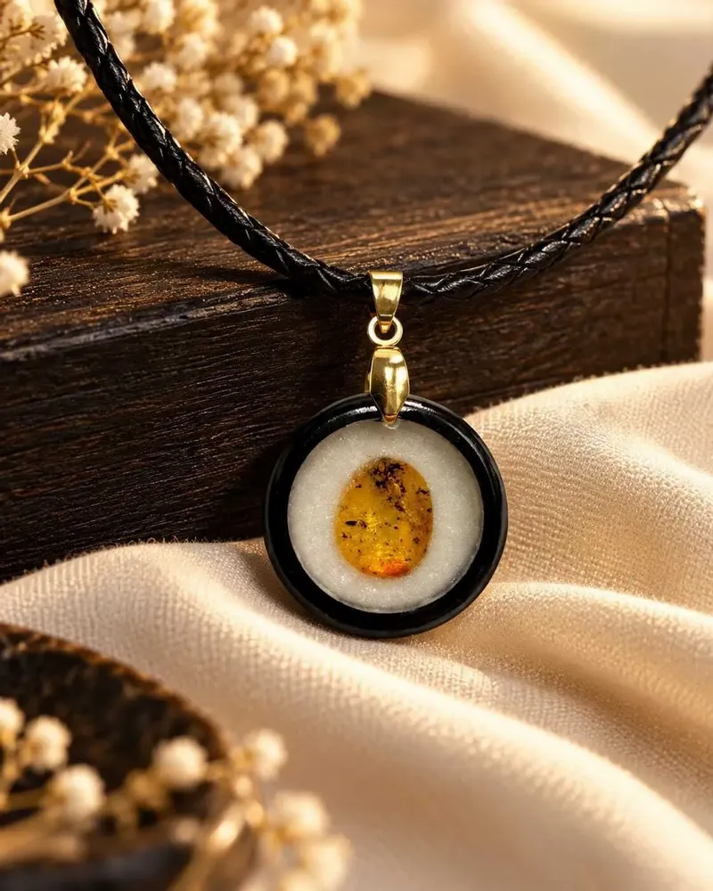 Jewelry - Bog Oak & Amber Pendant Necklace – Round, 24x24x8 mm - GLASS4CANDLES