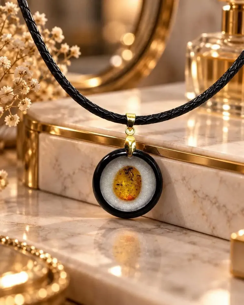 Jewelry - Bog Oak & Amber Pendant Necklace – Round, 24x24x8 mm - GLASS4CANDLES