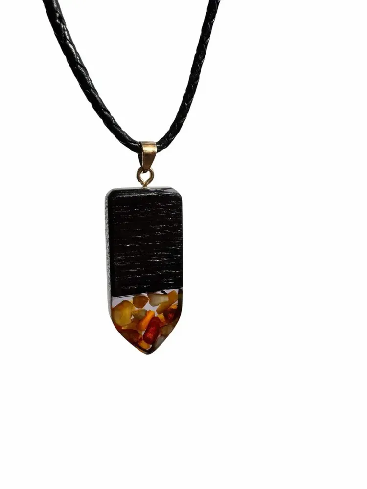 Jewelry - Bog Oak & Amber Pendant – Rectangle, 45x20x6 mm – graphite resin - GLASS4CANDLES