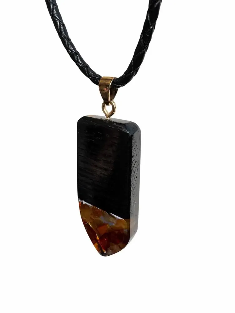 Jewelry - Bog Oak & Amber Pendant – Rectangle, 45x20x6 mm – graphite resin - GLASS4CANDLES