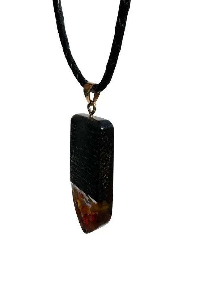 Jewelry - Bog Oak & Amber Pendant – Rectangle, 45x20x6 mm – graphite resin - GLASS4CANDLES