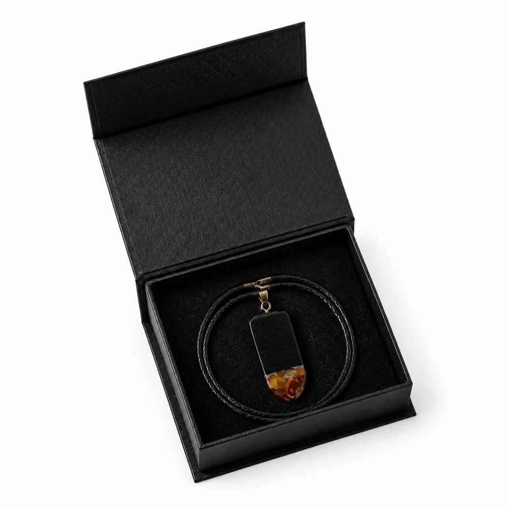 Jewelry - Bog Oak & Amber Pendant – Rectangle, 45x20x6 mm – graphite resin - GLASS4CANDLES