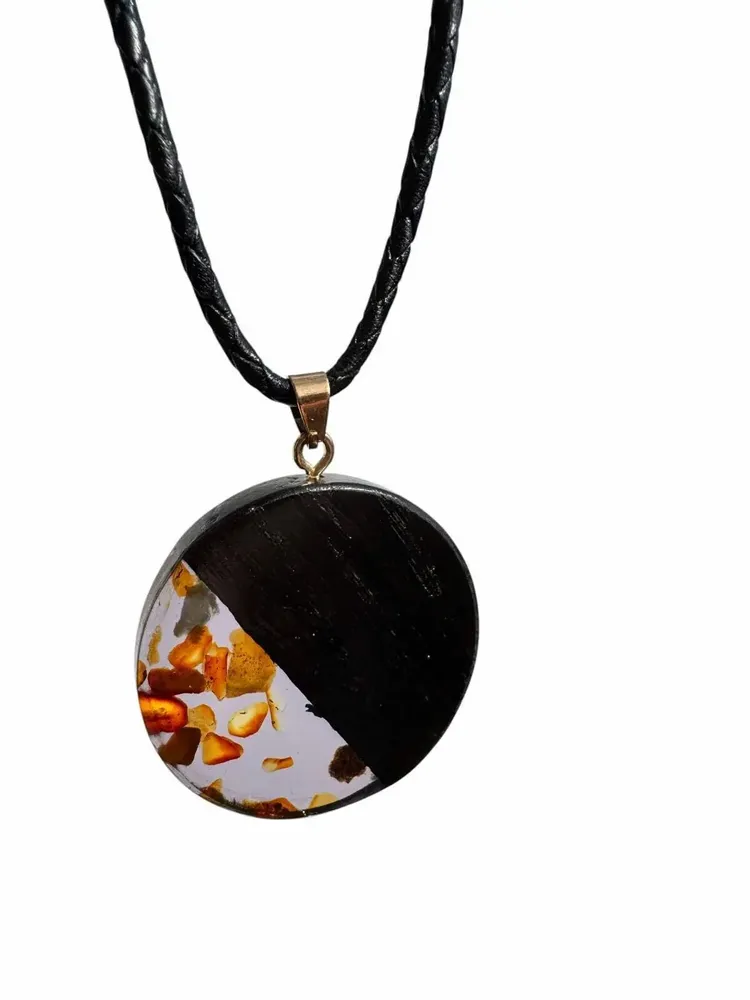 Jewelry - Bog Oak & Amber Pendant – Round, 40x40x6 mm – Graphite Halo Disc - GLASS4CANDLES