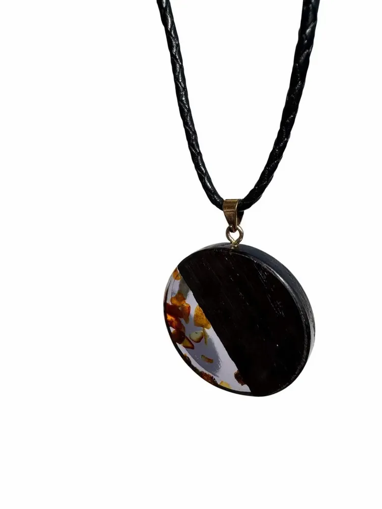 Jewelry - Bog Oak & Amber Pendant – Round, 40x40x6 mm – Graphite Halo Disc - GLASS4CANDLES