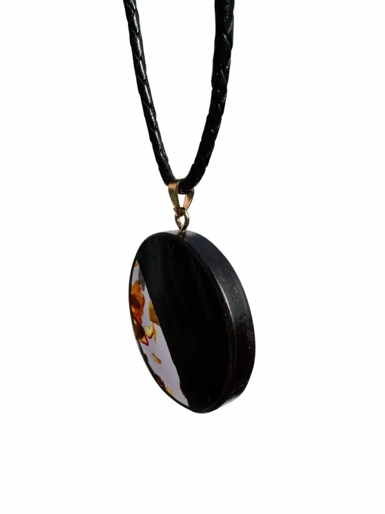 Jewelry - Bog Oak & Amber Pendant – Round, 40x40x6 mm – Graphite Halo Disc - GLASS4CANDLES