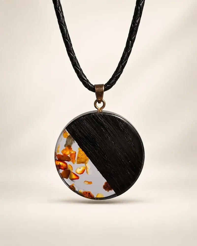 Jewelry - Bog Oak & Amber Pendant – Round, 40x40x6 mm – Graphite Halo Disc - GLASS4CANDLES