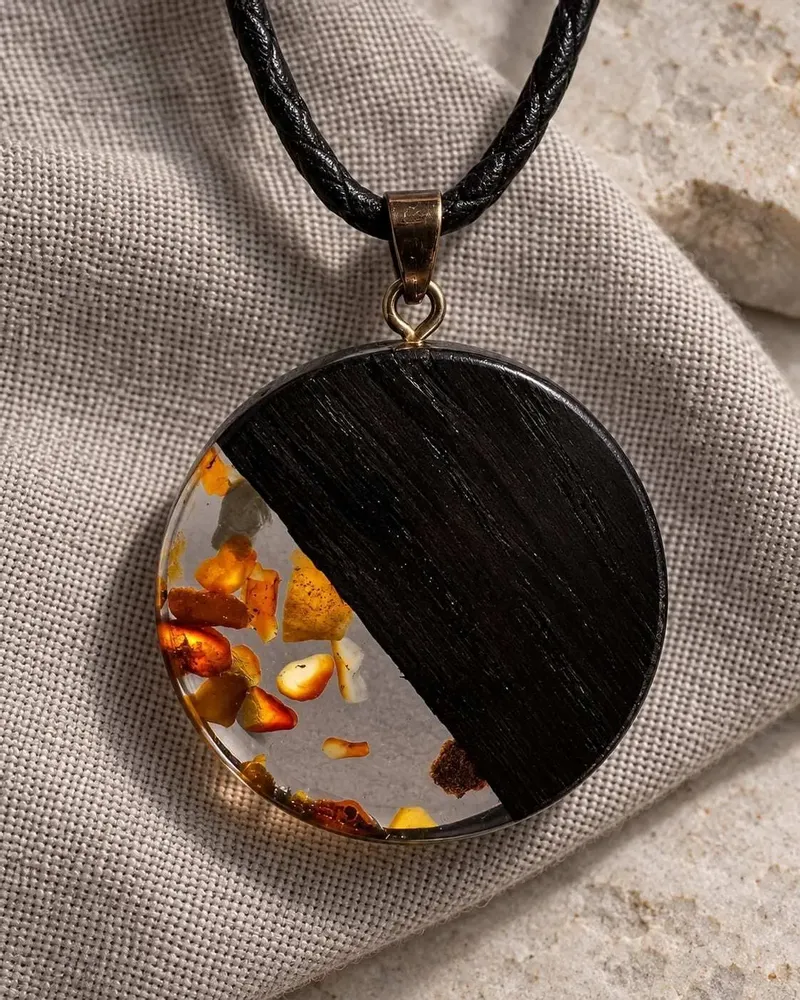 Jewelry - Bog Oak & Amber Pendant – Round, 40x40x6 mm – Graphite Halo Disc - GLASS4CANDLES