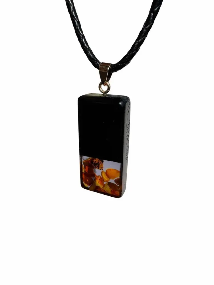 Jewelry - Bog Oak & Amber Pendant – Graphite Monolith Bar – amber at the base - GLASS4CANDLES