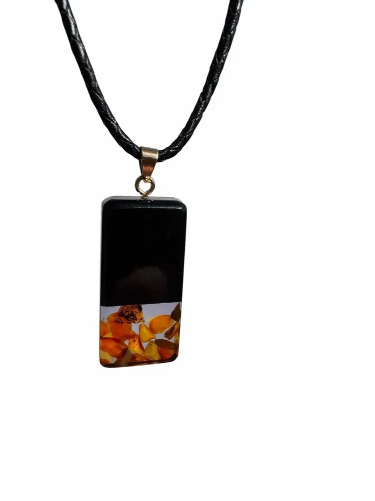 Jewelry - Bog Oak & Amber Pendant – Graphite Monolith Bar – amber at the base - GLASS4CANDLES