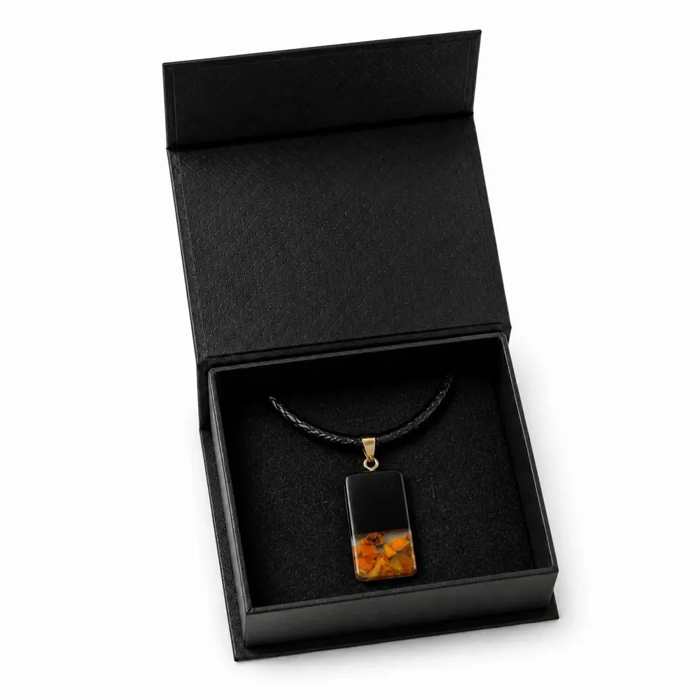 Jewelry - Bog Oak & Amber Pendant – Graphite Monolith Bar – amber at the base - GLASS4CANDLES