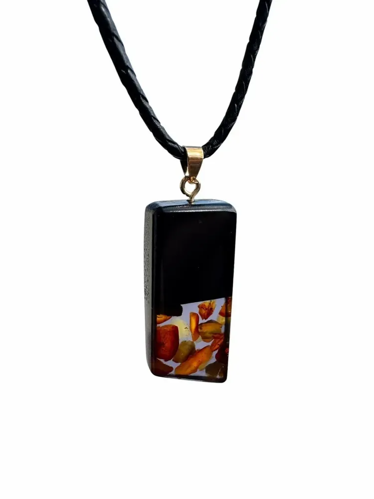 Jewelry - Bog Oak & Amber Pendant – Graphite Monolith Bar – slanted amber base - GLASS4CANDLES