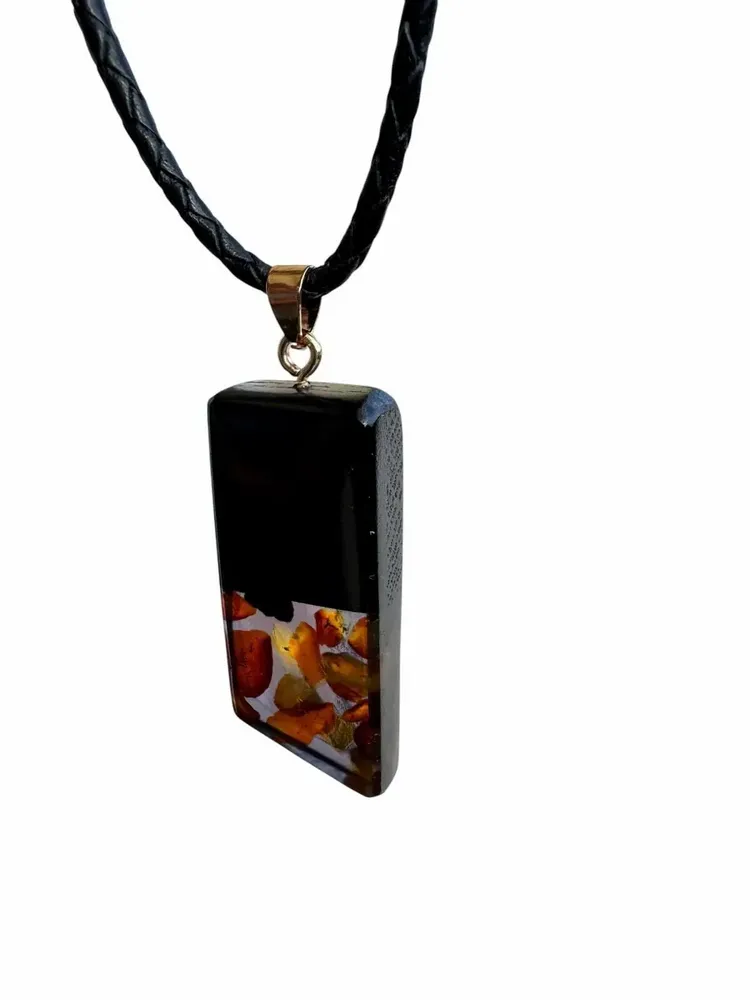 Jewelry - Bog Oak & Amber Pendant – Graphite Monolith Bar – slanted amber base - GLASS4CANDLES