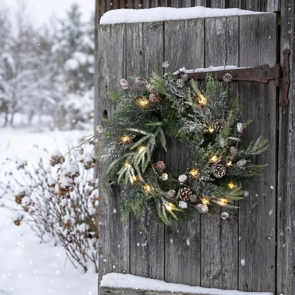 Office design and planning - RAGO – Natural looking green wreath with pine cones and lights - VAN DER GUCHT, SINCE 1870