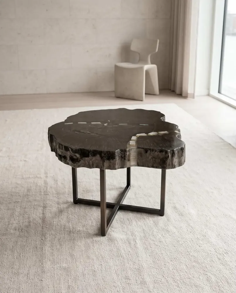 Tables basses - Table basse en chêne noir et sélénite – 45x60x52 cm – Selenite Vein - GLASS4CANDLES