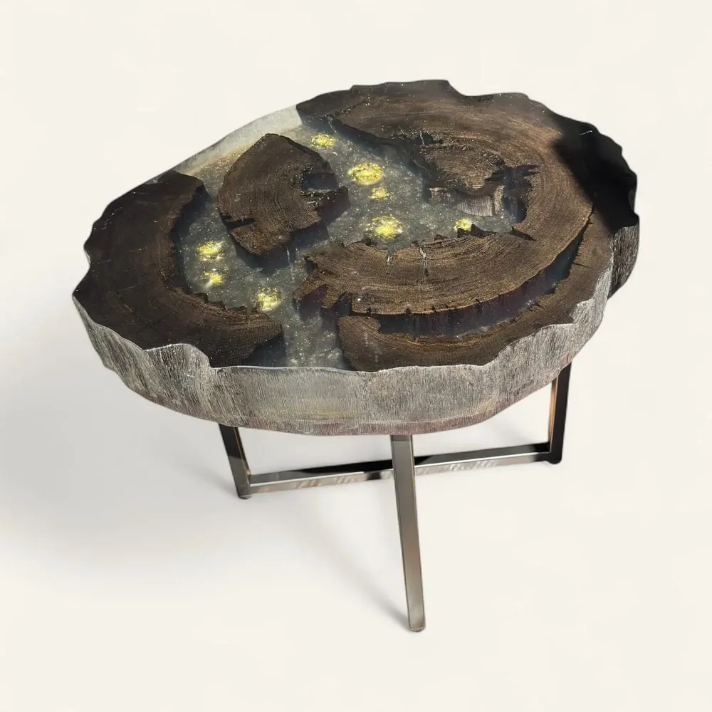 Tables basses - Table basse en chêne noir ancien – 45x58x50 cm – Aurum Orbs - GLASS4CANDLES