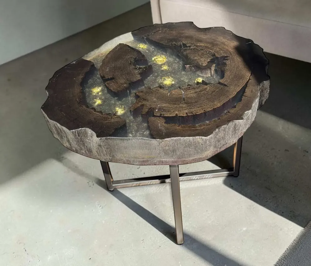 Tables basses - Table basse en chêne noir ancien – 45x58x50 cm – Aurum Orbs - GLASS4CANDLES
